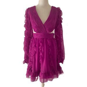 Mac Duggal Ieena Long Sleeve Chiffon Cut Out Ruffle Mini Dress Size 2 Magenta
